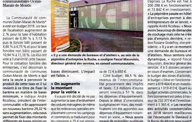 COMMUNAUTÉ DE COMMUNES OCÉAN-MARAIS DE MONTS HAUSSE DES TAUX DE 2% ET 88.5% DE SON BUDGET PROVIENT DES TAXES !