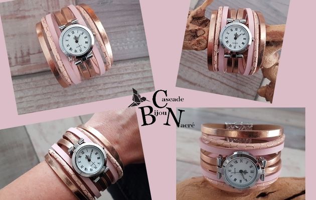 Montre femme cuir - rose poudre or rose - manchette cuir rose clair - bijou de poignet - cuir fait main sur mesure - cadeau femme France