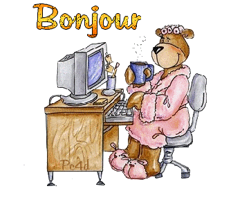 Bonjour - Ourson - Café - Ordinateur - Gif animé