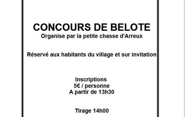 Annulé! Concours de belote samedi 6 avril à Arreux  Annulé!