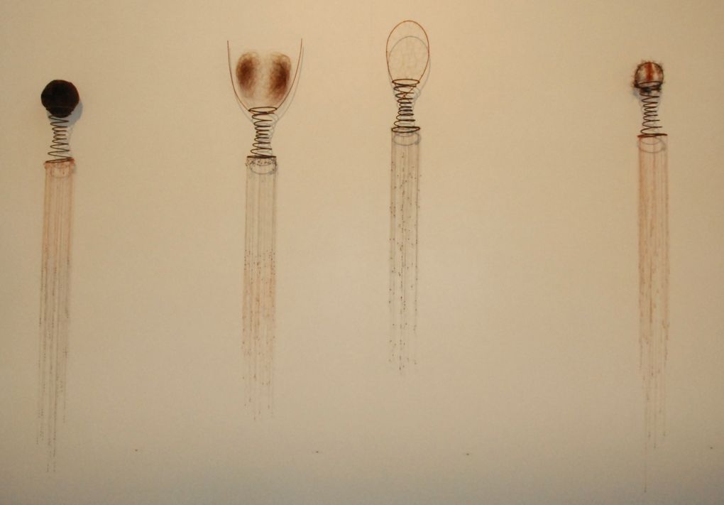 œuvres réalisées avec des cheveux entremêlés & des trikhotages (chainettes crochetées) sur un support en ressorts avec parfois ajout de perles de verres ou de plombs.