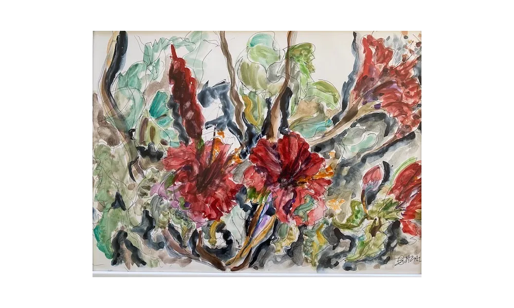L’hibiscus aquarelle sur papier 40 sur 30 cm, artiste peintre contemporain,bernadette cazal,narbonne aude occitanie france,boutique de createurs,galerie de peinture,rouge jaune vert noir