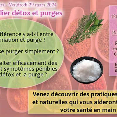 Atelier détox et purges les vendredi 1er et 29 mars 2024 de 18h à 19h30