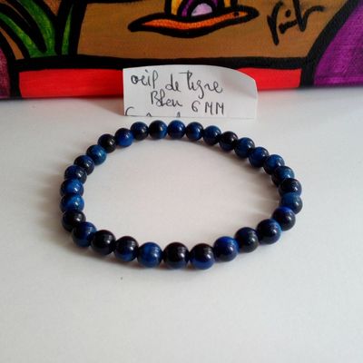 Bracelet pierre oeil de tigre bleu,perles rondes 6mm,bracelet 18cm,quartz pierre fine,fait mains en france,force vitalite energie positive,cadeau fete anniversaire noel