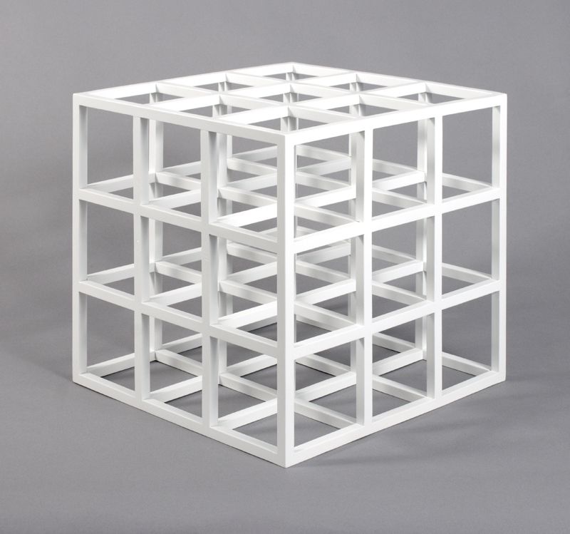 Sol LeWitt (né en 1928, mort en 2007), Open Cube on a 9-part grid 1968; untitled (Cube) 1979; "Wall drawing #370" 1982;"Twelve Forms Derived from a Cube" 1984; "Wall drawing # 564" 1988; maquette for 1x2x2 1990; color bands 1999; "wall drawing#915 1999 ; "Open Cube in White and Black" 2004; "Wall Drawing#1144" 2004.