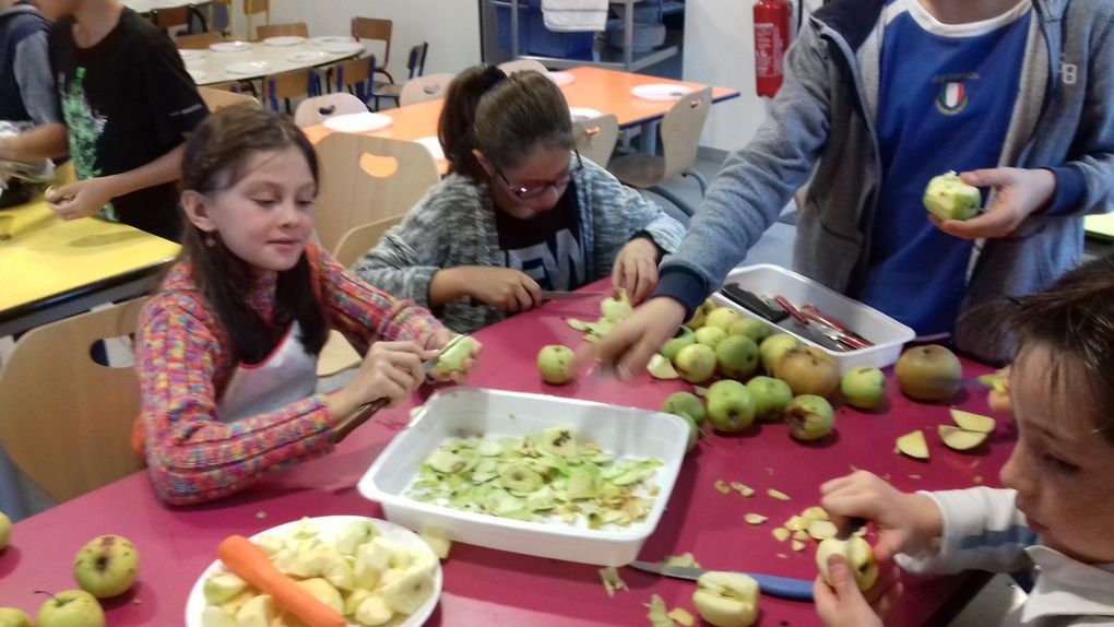 Avec les CE2/CM1/CM2 , nous avons cuisiné des gâteaux à la carotte et aux noix ainsi qu'un crumble, les GS/CP/CE1 ont fait de la compote et une tarte aux pommes quant  aux petits et moyens il ont choisi de nous faire déguster un cake aux potirons et chorizo, et un gâteau aux petits beurre chocolat et fruits secs. Les primaires ont ensuite tapé les recettes pour que chaque famille ait son livret et puisse refaire à sa guise nos prouesses culinaires.