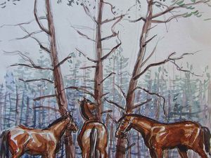 Dessins sur le motif pour le tableau en cours "La forêt de Fontainebleau" 230x114 cm Huile sur toile. J'ai dessiné et peint une dizaine fois ces trois sapins, et un matin, l'un des trois était cassé... (premier dessin)