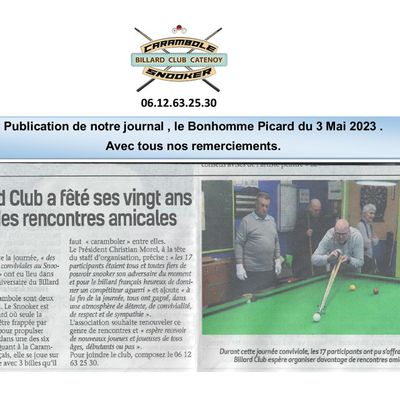 Une petite parution sur le Bonhomme Picard du 3 mai 2023 de nos rencontres amicales Snooker et Français.