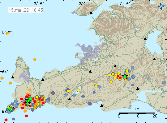  Reykjanes péninsule - essaim sismique au 15.05.2022 / 18h45, localisation et magnitude  - IMO - un clic pour agrandir