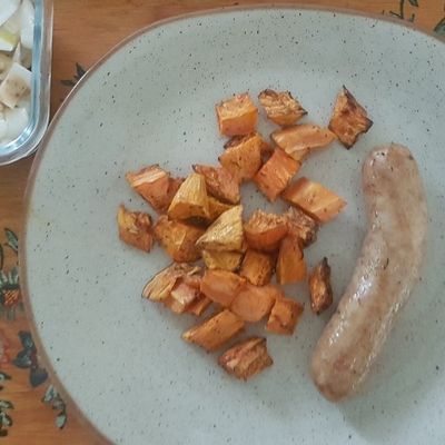 Plateau repas : Saucisse de Toulouse et patate douce, à l'Actifry 2 en 1