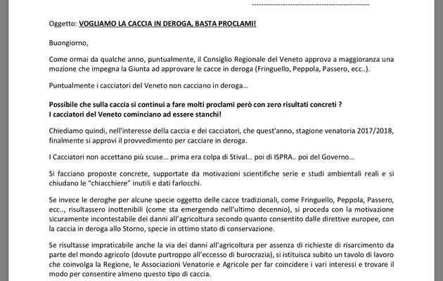 Siamo stufi, in Veneto vogliamo la caccia in deroga! Lettera ARCI Caccia al Consiglio e alla Giunta Regionale.