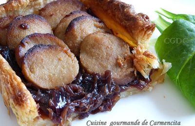 Tarte boudin blanc aux morilles et oignons rouges confits 
