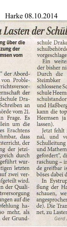 Harke 8.10.14 -- Leserbrief: Schulumstrukturierung schafft Probleme bei Unterrichtsversorgung