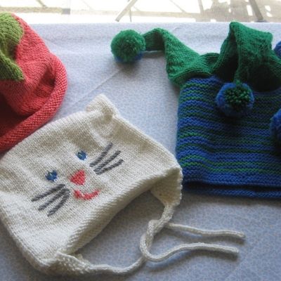 3 bonnets : lutin, fraise, chat