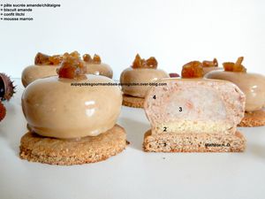 Réinterprétation de la tarte marron litchi de Christophe Michalak : pâte sucrée amande châtaigne, biscuit amande, confit litchi, mousse marron