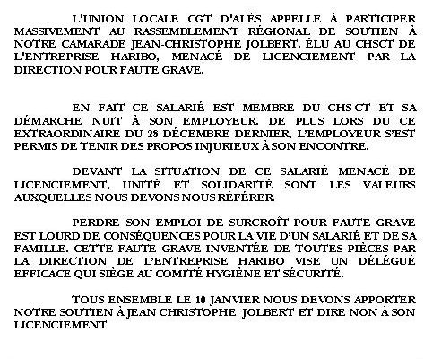 SOUTIEN à JC JOLBERT MENACE INJUSTEMENT DE LICENCIEMENT POUR FAUTE GRAVE