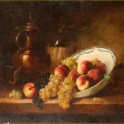 Fruits d'été par les peintres - Alfred Arthur Brunel De Neuville (1852-1941) coupe de fruits pêches et raisin