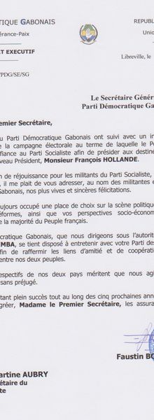 Correspondance adressée à madame Martine AUBRY Premier Secrétaire du Parti Socialiste par le Secrétaire Général du Parti Démocratique Gabonais (P.D.G.), Faustin BOUKOUBI