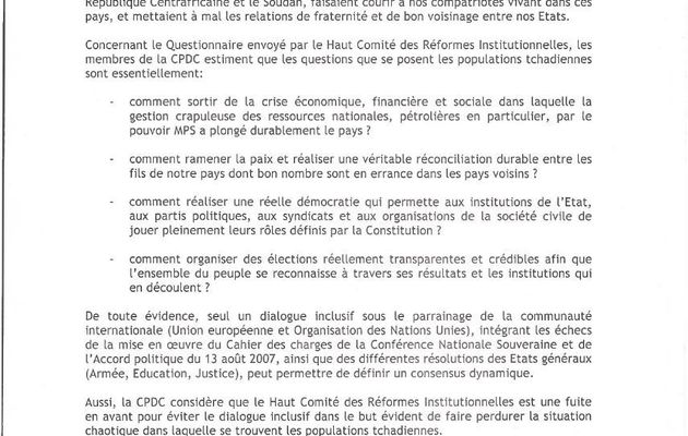 La CPDC estime que seul le dialogue inclusif permet de définir un consensus dynamique au Tchad