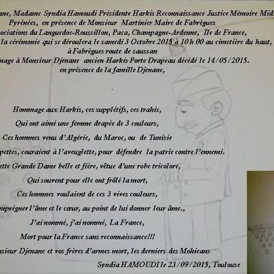 invitation pour l'hommage à Monsieur Djenane le 3 Octobre 2015 à 10 heures cimetière de Fabrègues
