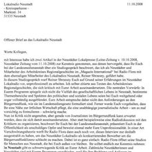 Offener Brief an das Lokalradio Neustadt