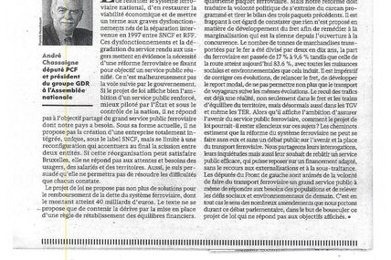 L'Humanité du 11 juin : André CHASSAIGNE " Les attentes des usagers, des salariés et des territoires"