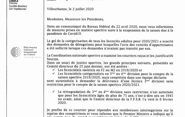 Communiqué de la FFSB du 2 juillet 2020