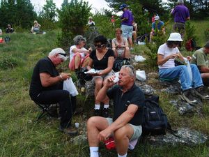 Puis le sentier retrouvé, c'est l'appétit qui nous oblige à nous poser encore sur ce bel espace herbé. Une sauterelle participe au festin. Notre sommelier est, comme d'hab, toujours debout :-)