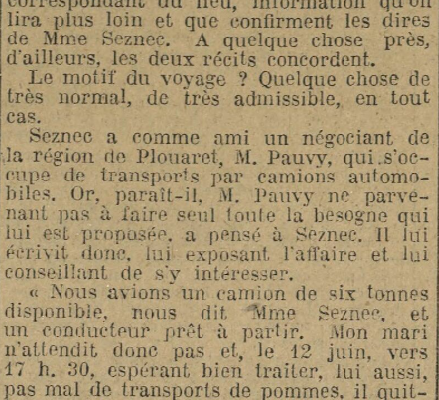 Affaire Seznec. L'histoire du voyage de Plouaret raconté par Marie-Jeanne dans la DPB du 5 juillet 1923...