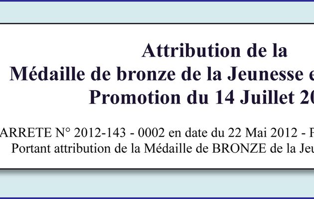 Attribution de la médaille de bronze de la jeunesse et des sports au 14 juillet 2012