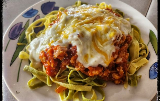 Pasta con tomate y carne de pollo con besamel 