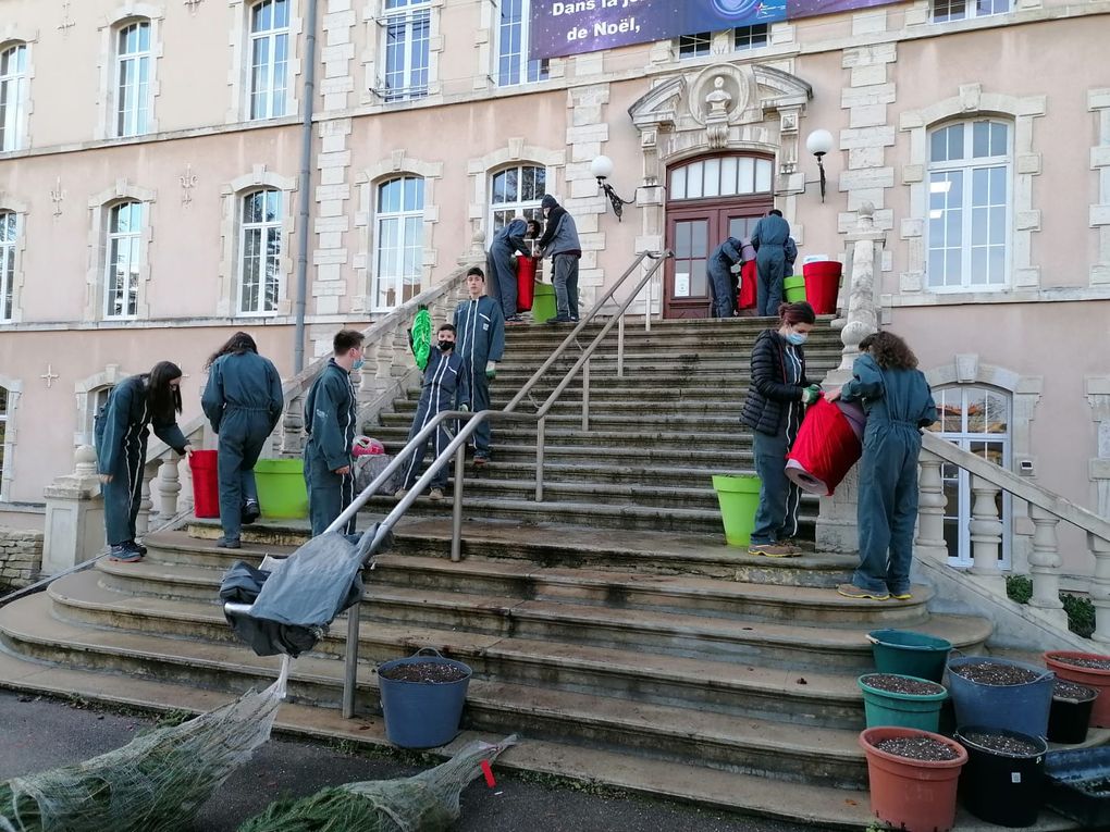 Les pots sont recouverts de housses de couleur rouge et de bandeaux verts...