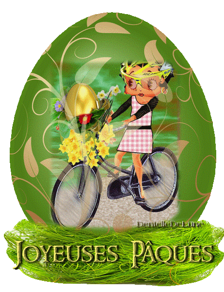 Gif Anime Joyeuses Paques Avec œuf Decore Betty Boop Faisant Du Velo Chargee De Fleurs Les Gifs Animes De Dentelledelune