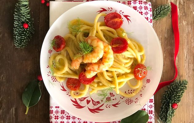 Spaghetti alla Chitarra con Gamberi glassati all’Arancia Crema di Patate al Finocchietto e Pomodorini Confit