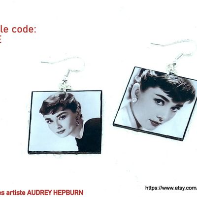 Boucles d'oreilles AUDREY HEPBURN carré noir et blanc, crochets d'oreilles en argent