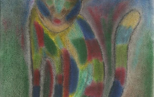 Charlequin au pastel sec d'Isabelle Krief chat multicolore, vert, bleu, jaune, fushia, chat que j'ai peint de plusieurs couleurs au pastel sec, ma série charlequins, merci Nicole Nataf