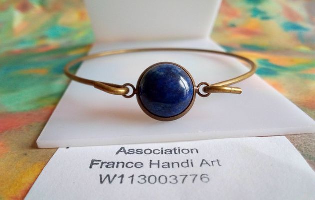 Bracelet jonc laiton bronze avec cabochon rond 12mm lapis lazuli pierre precieuse bleue,fait mains en france,st valentin fete anniversaire noel,boho bobo gothique,astrologie vierge taureau gemeaux sagittaire,