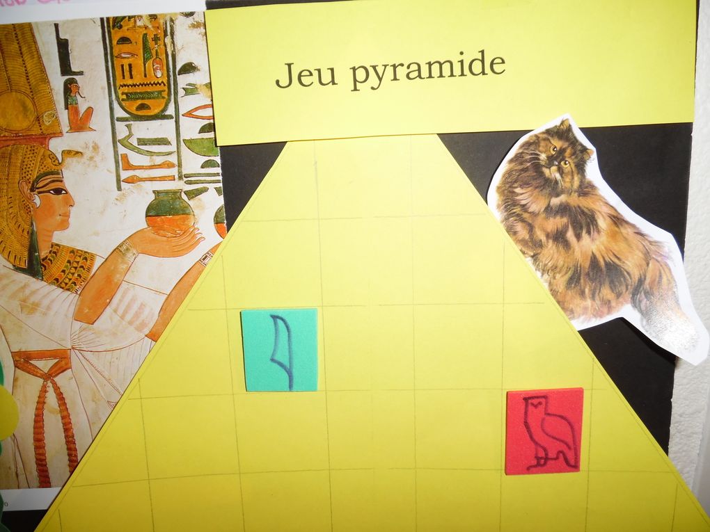 cycle 4: jeux et création sur les thèmes de l'art égyptien, d'astérix et obélix (antiquité): arbre généalogique avec des lettres égyptiennes, enveloppe oeil égyptien, couronne initiales, bracelet prénom, jeu pyramide, coloriages, guirlande coeurs, ...
