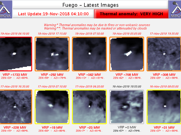Fuego - 19.11.2018 - anomalies thermiques au 19.11.2018 / 04h10 / Mirova et Volcanic ash Advisory 19.11.2018 / VAAC Washington - un clic pour agrandir