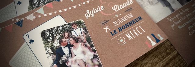 Carte de remerciements mariage de Sylvie et Claude : jeux, cartes ....