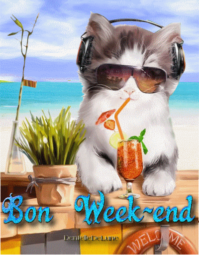 Gif animé Bon Week-end avec chat qui écoute de la musique - les gifs animés  de dentelledelune