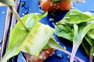 Brochettes saumon-avocat, jeunes pousses de betterave