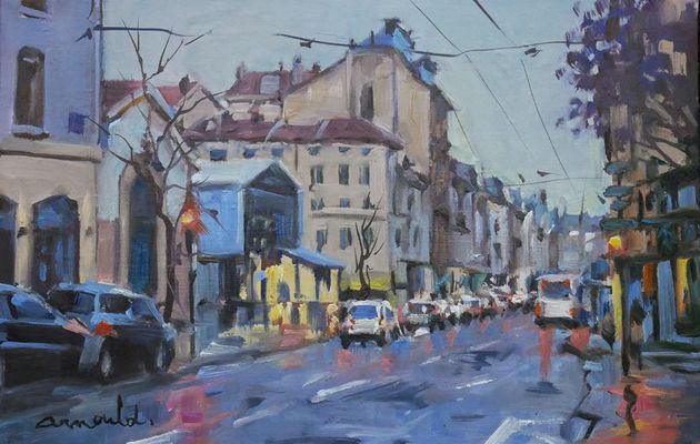 Rue Saint Dizier sous la pluie (huile sur toile 41 x 27)