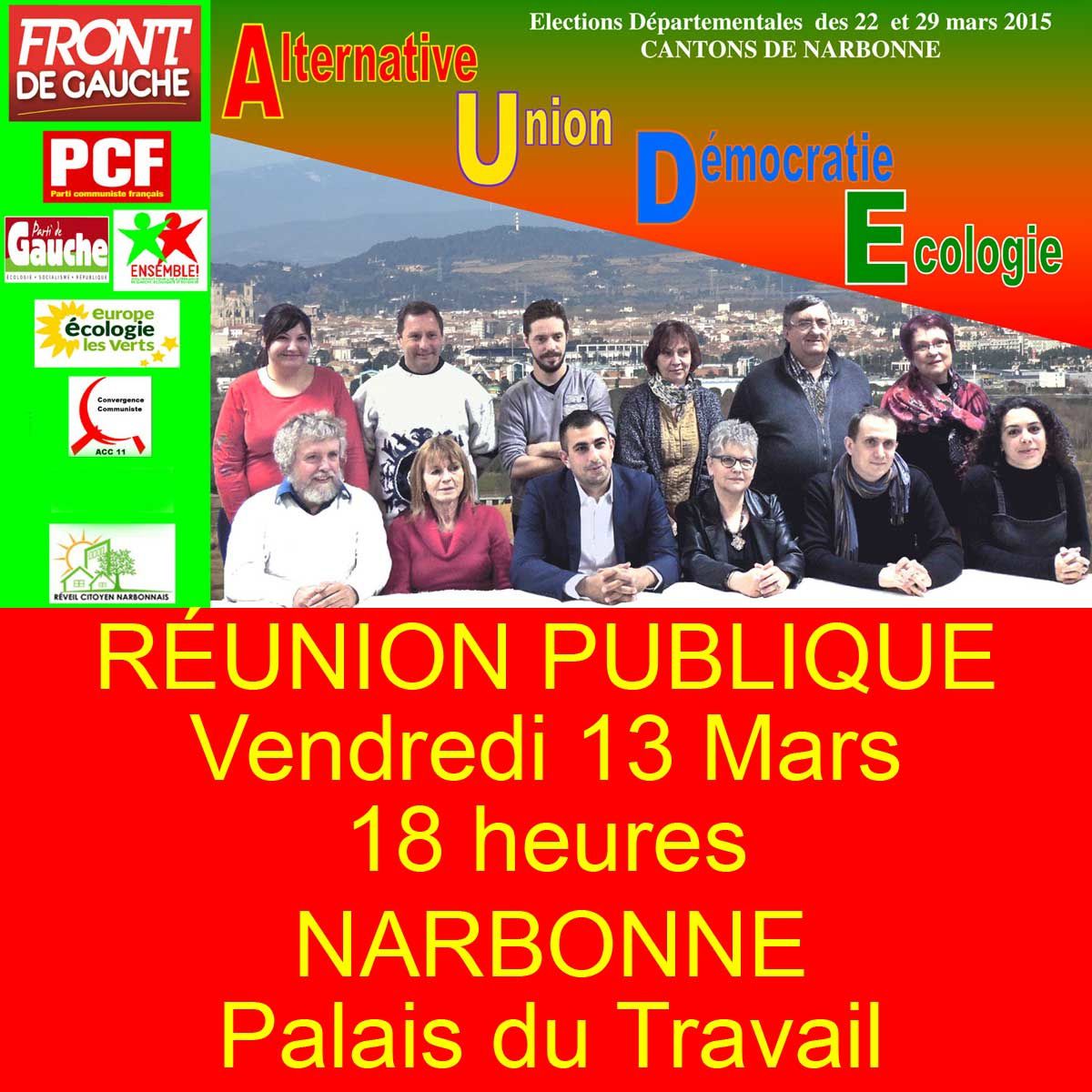 Grande réunion publique à Narbonne Vendredi 13 Mars à 18 heures au Palais du travail