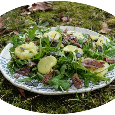 Salade de fêtes : roquette, pommes de terres sautées & cuisses de canards