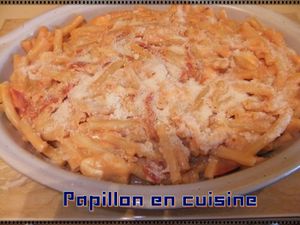 Recette: Gratin de pâtes au chorizo et mozzarella