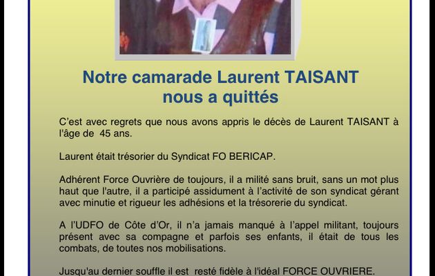 Notre camarade Laurent TAISANT nous a quitté