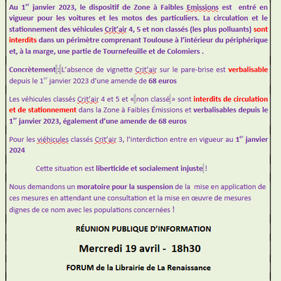 Le collectif 31 pour la suspension de la ZFE organise une réunion d'information le 19 avril 2023 au Mirail