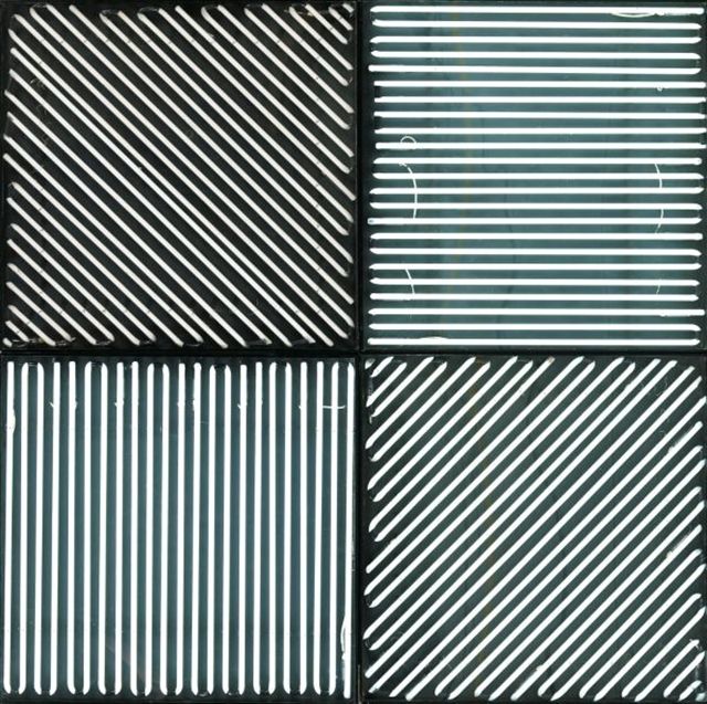 François Morellet: 4 panneaux avec 4 rythmes d'éclairages différents 1963; 2 néons 0°-90°avec 2 rythmes interférents 1972