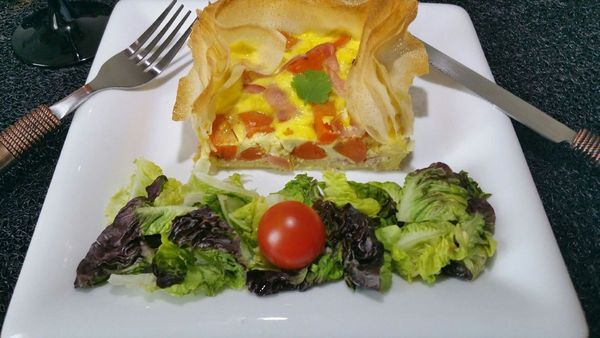 quiche croustillante en feuilles de brick bacon-carottes au cumin